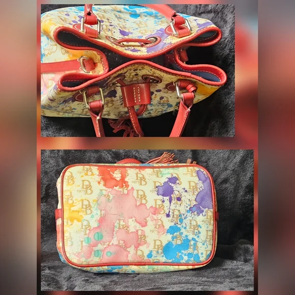 Dooney & Bourke Multicolor Splat Print Drawstring Tote with Red Trim - Picture 6 of 9